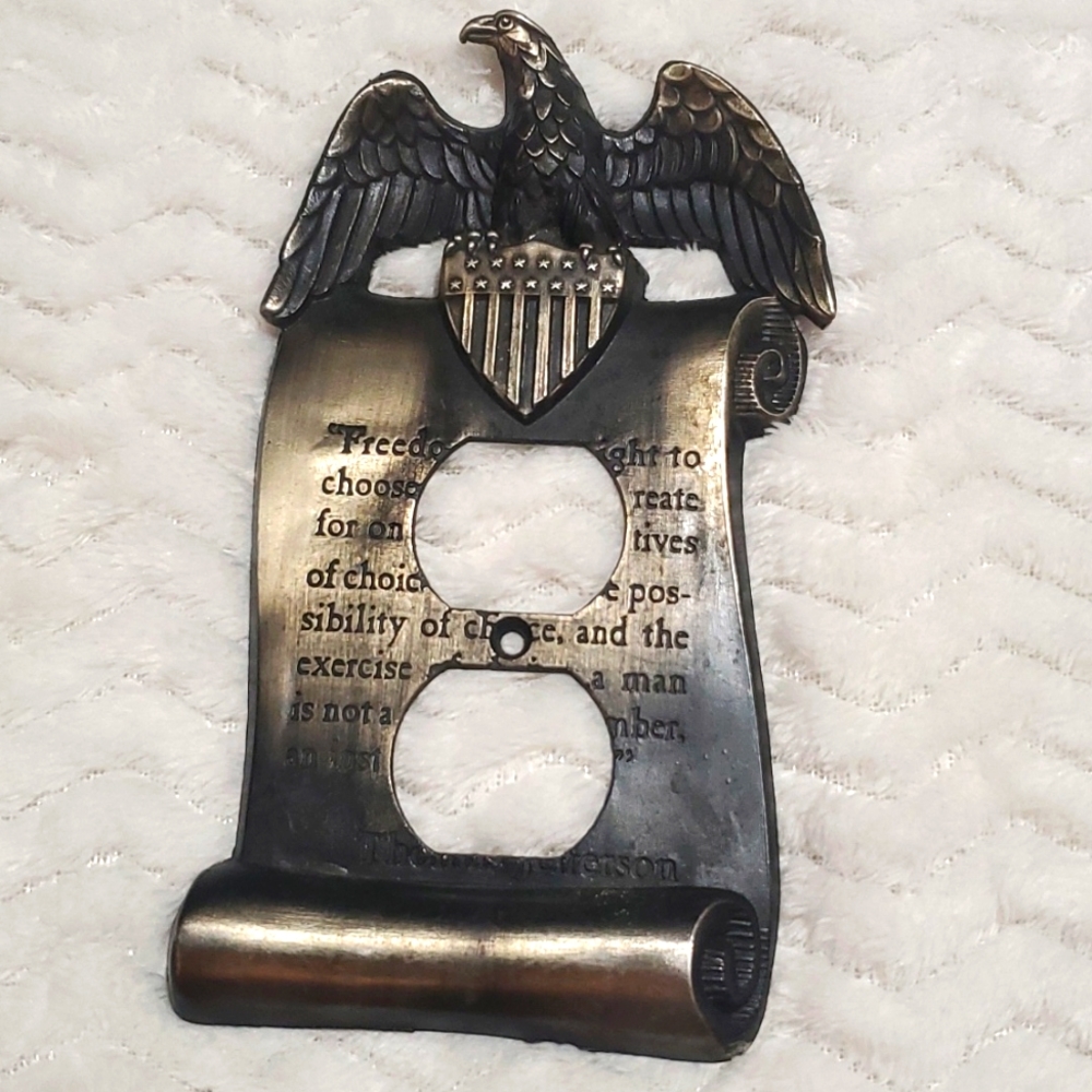 Vintage 1967 Brass Outlet Cover Plate Thomas Jefferson Quote Eagle M.C.Co